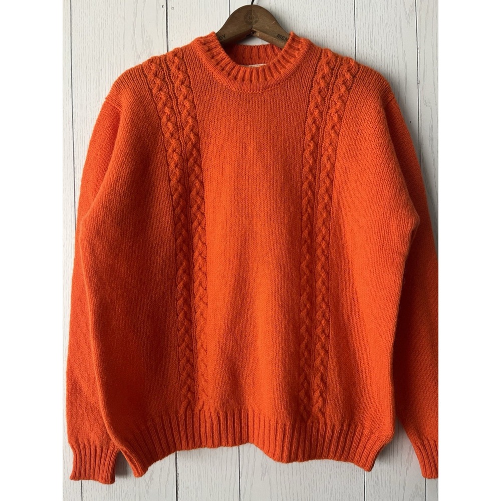 Vintage 1980's Shetland Brand Orange Wool Cable Knit Sweater Scotland Medium